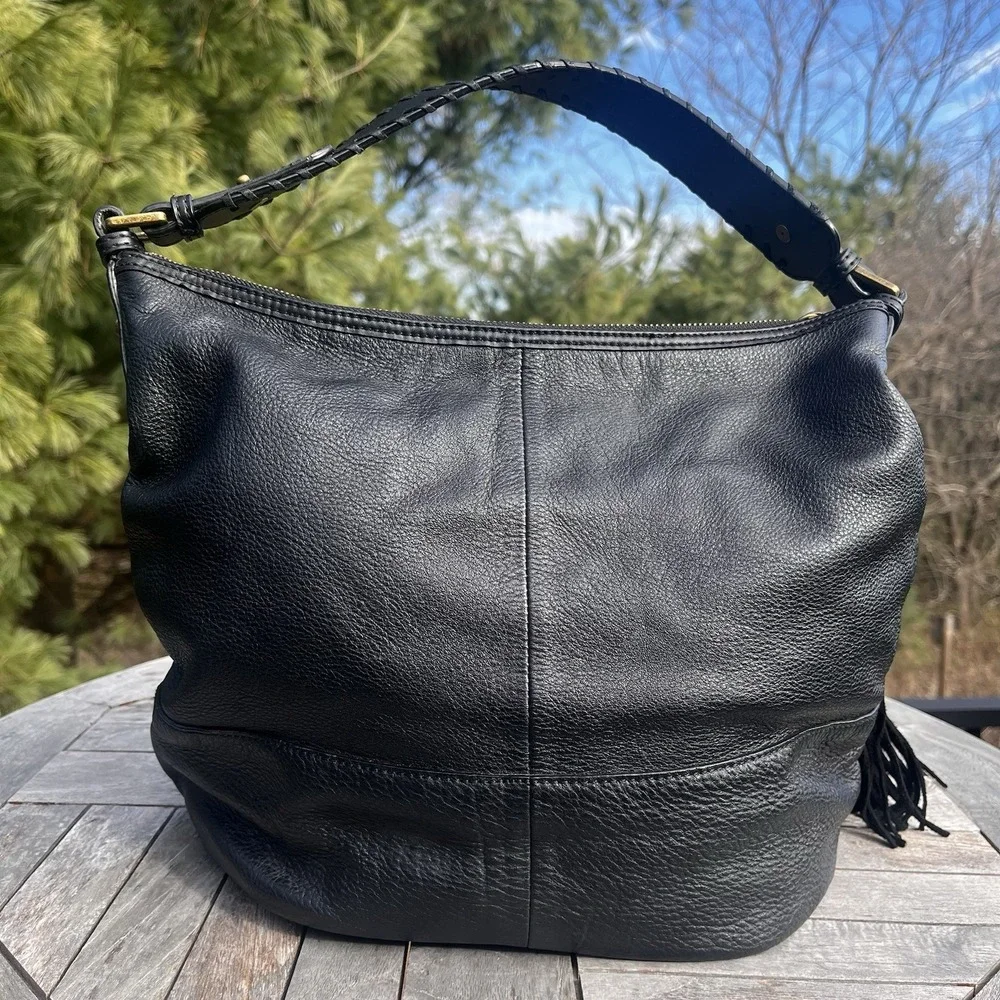 Calvin Klein Hobo Shoulder Bag Black Pebbled Leather Studded Tassel Accent Purse